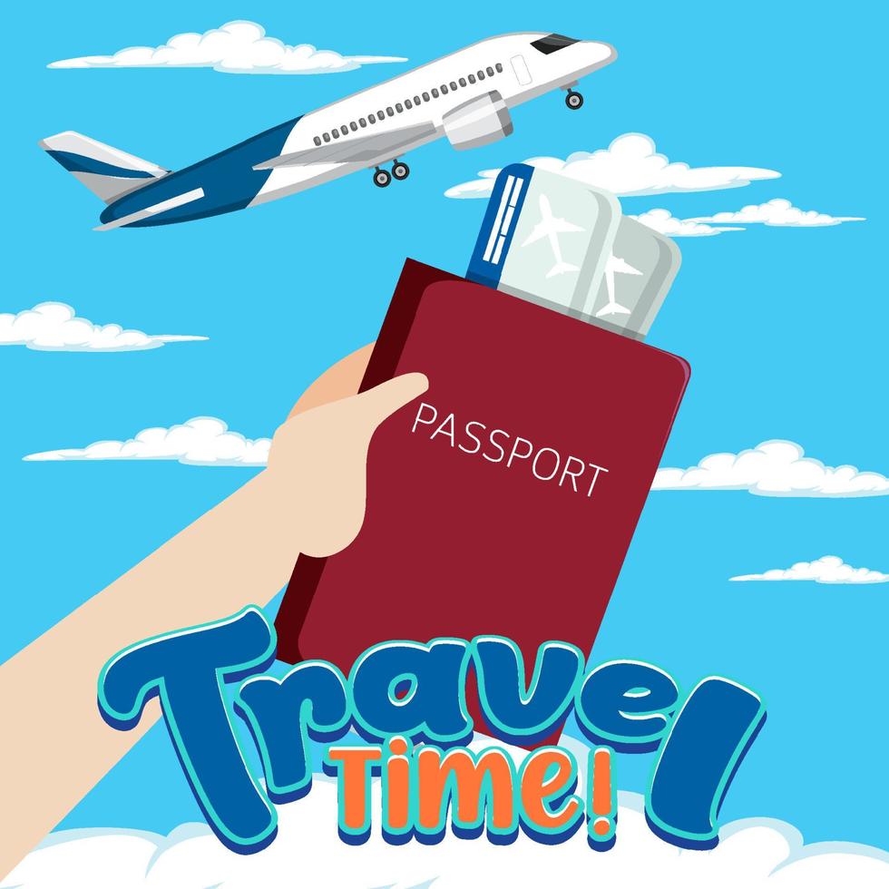 banner de logotipo de tiempo de viaje con pasaporte y avión vector