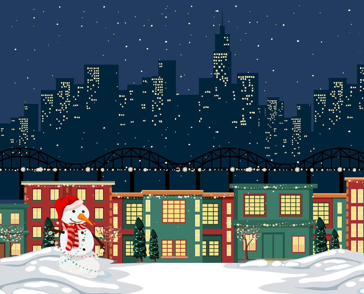 fondo de ciudad pequeña de noche nevada de invierno vector