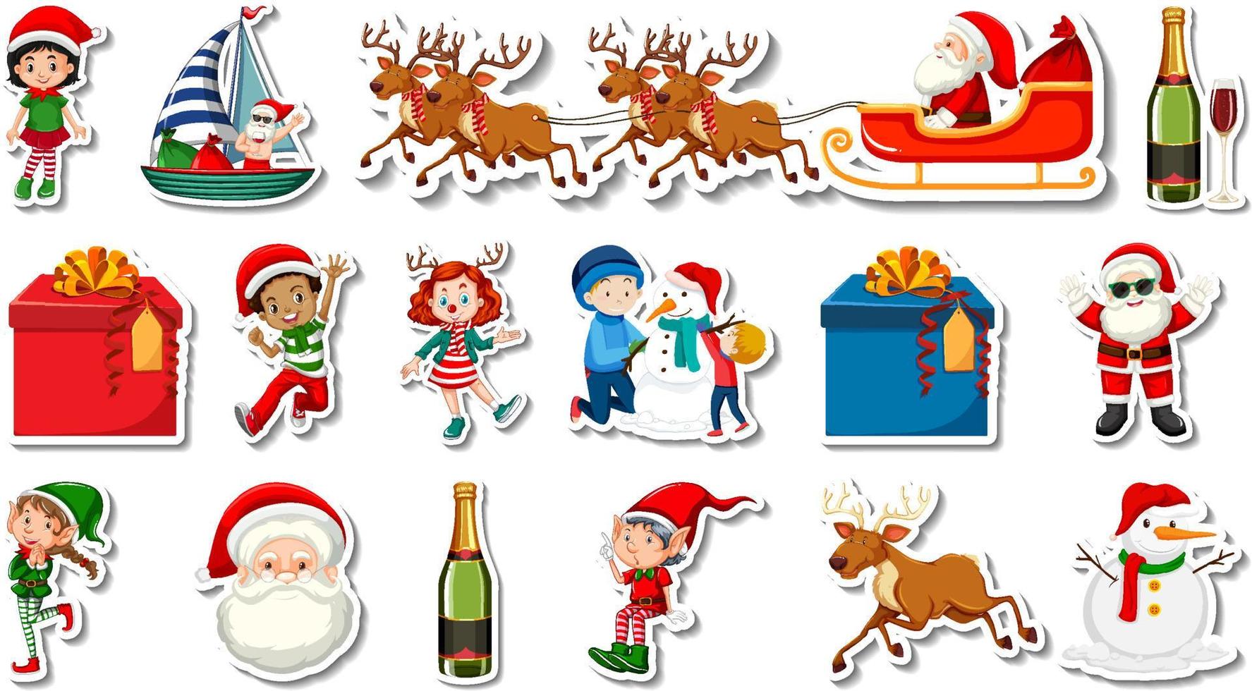 Set of Christmas objects and cartoon characters vector