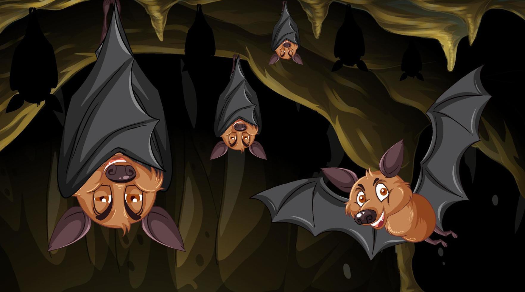 Cave scene with group of bats in cartoon style vector