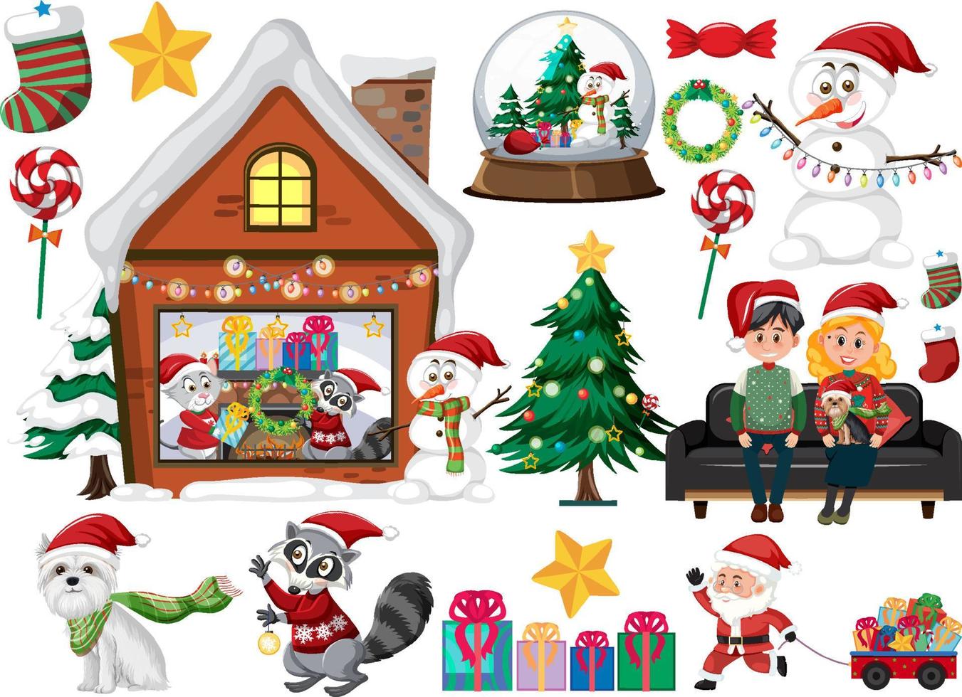 Christmas set with tree and decorations vector