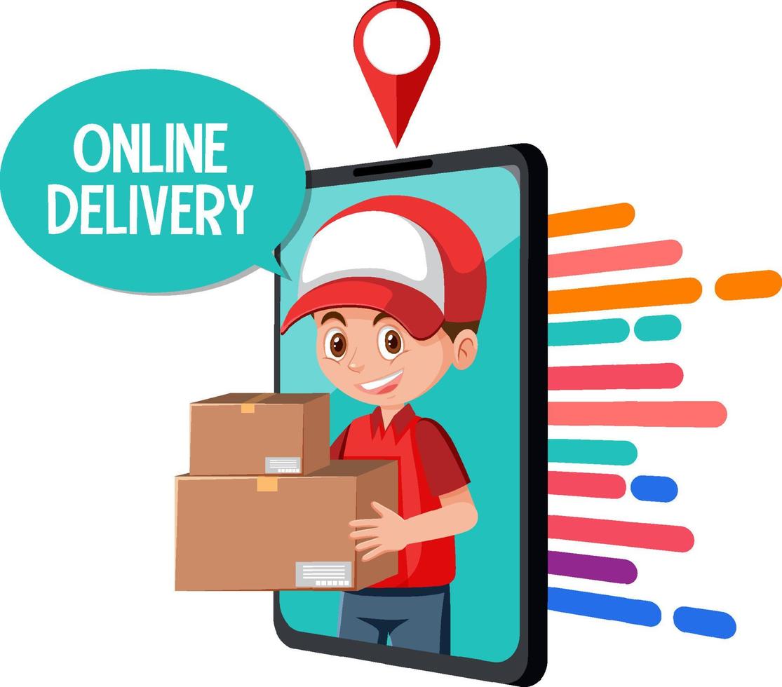 Courier holding a package in smartphone display vector