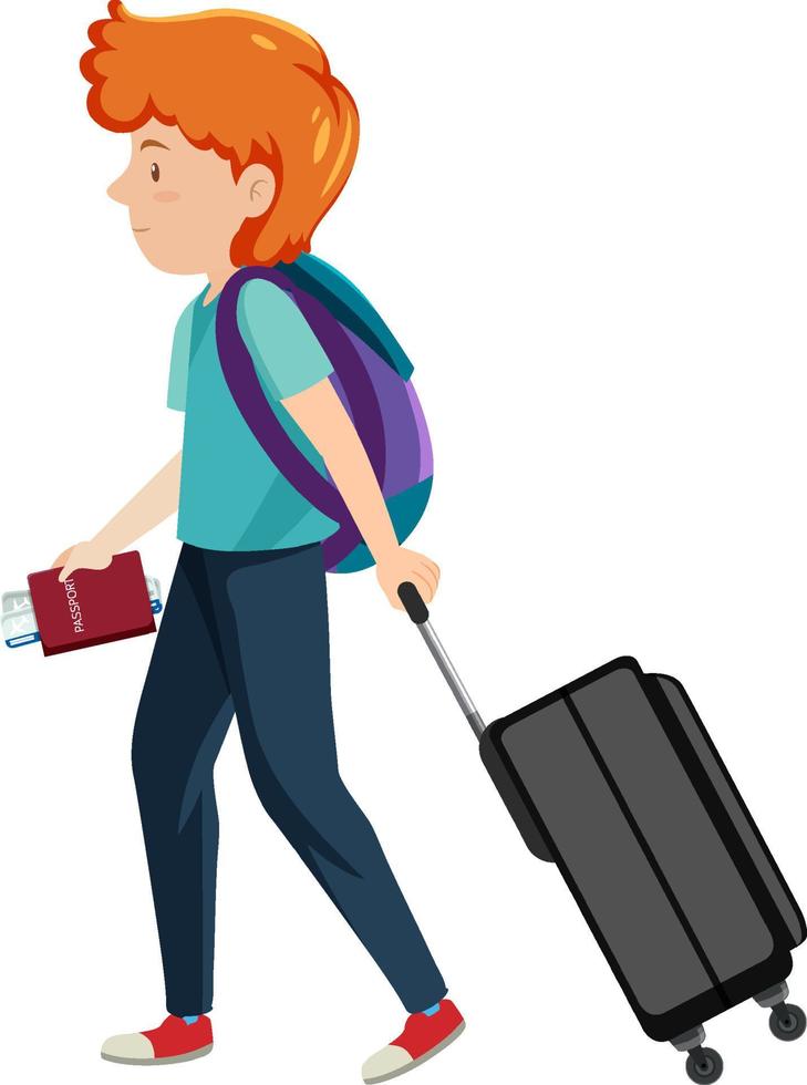 A traveller man dragging luggage on white background vector