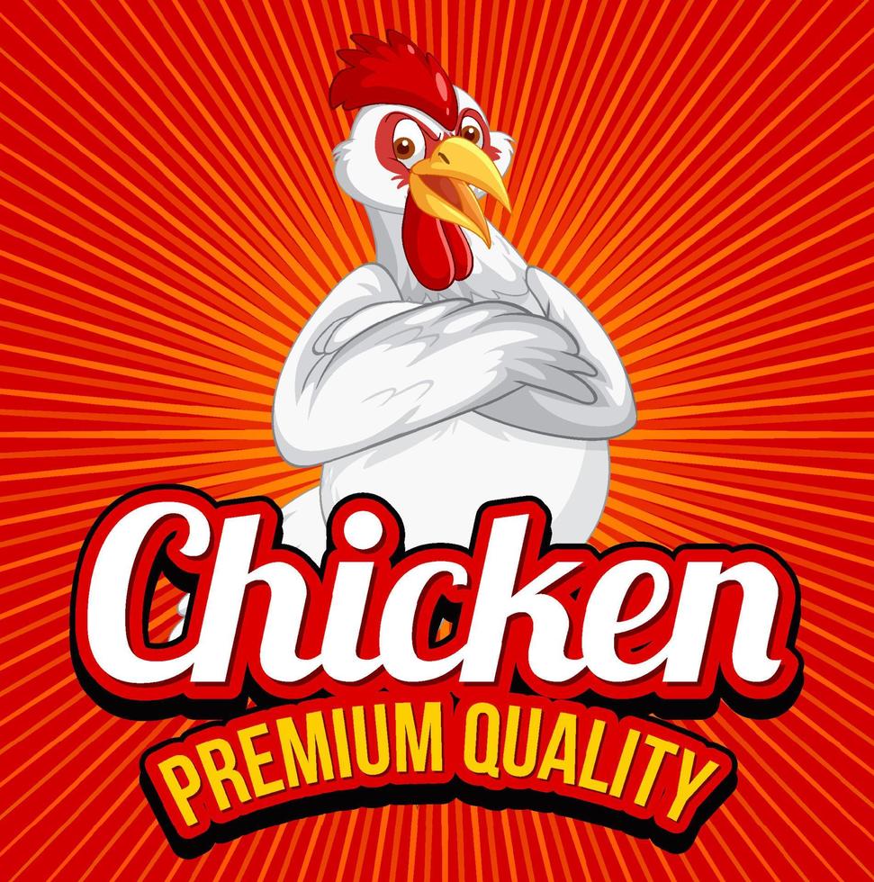 banner de calidad premium de pollo con personaje de dibujos animados de pollo blanco vector