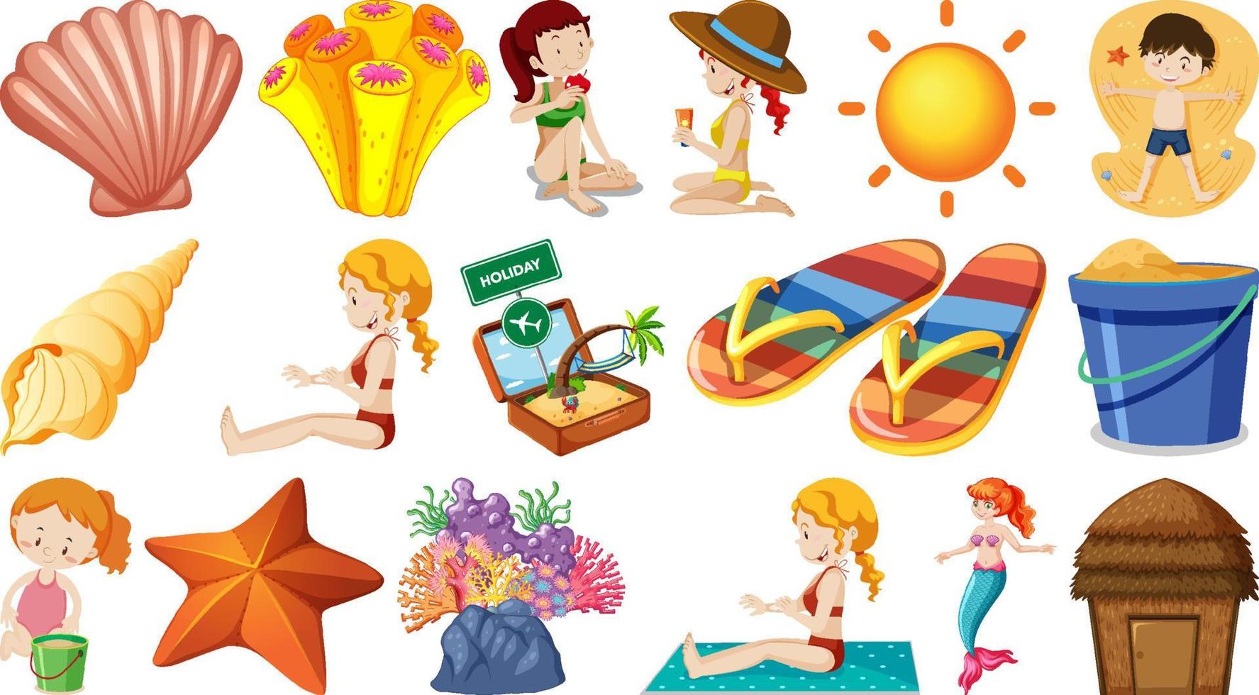 conjunto de objetos de playa de verano y personajes de dibujos animados vector