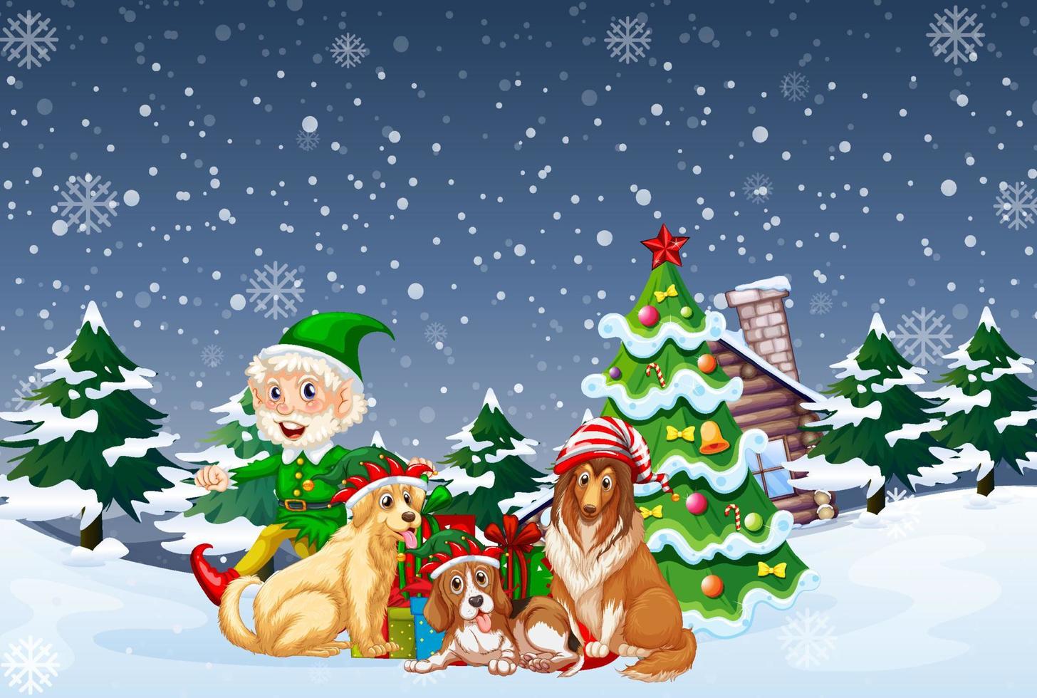 Snowy night scene with elf and dogs in cartoon style vector