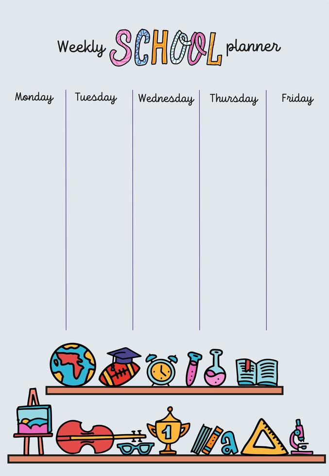 Vertical Weekly planner template. Organizer and schedule with place for Notes. Vector hand drawn line doolde illustration of school supplies on two shelves. Cute and trendy planner for kids.