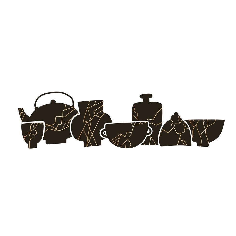 composición de cerámica de cerámica kintsugi. ilustración de vajilla de ceremonia japonesa. taza crepitante, jarra o tetera con líneas doradas. antiguo concepto de restauración artesanal. concepto de vector de utensilio vintage roto