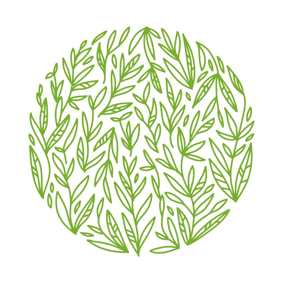 Green tea. Round concept of drinking tea in an outline style. Composition with abstract hand drawn elements. Doodle style. Template for cafe menu, packaging or signboard. vector