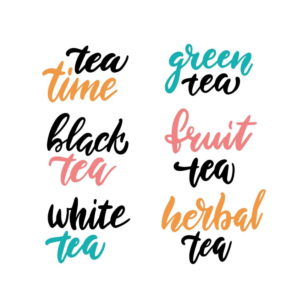 juego de té para impresiones y carteles, diseño de menú, invitación y tarjetas. texto con diferentes tipos de té. pincel de colección caligráfica y tipográfica. ilustración vectorial con letras dibujadas a mano. vector