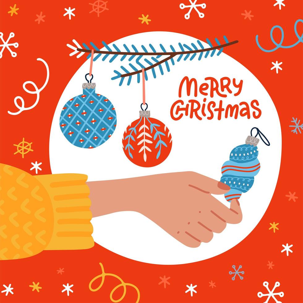 Female hand holding a blue Christmas ornamental bauble. Square greeting card with balls on fir branch and lettering text - Merry christmas. Flat vector hand drawn illustration.