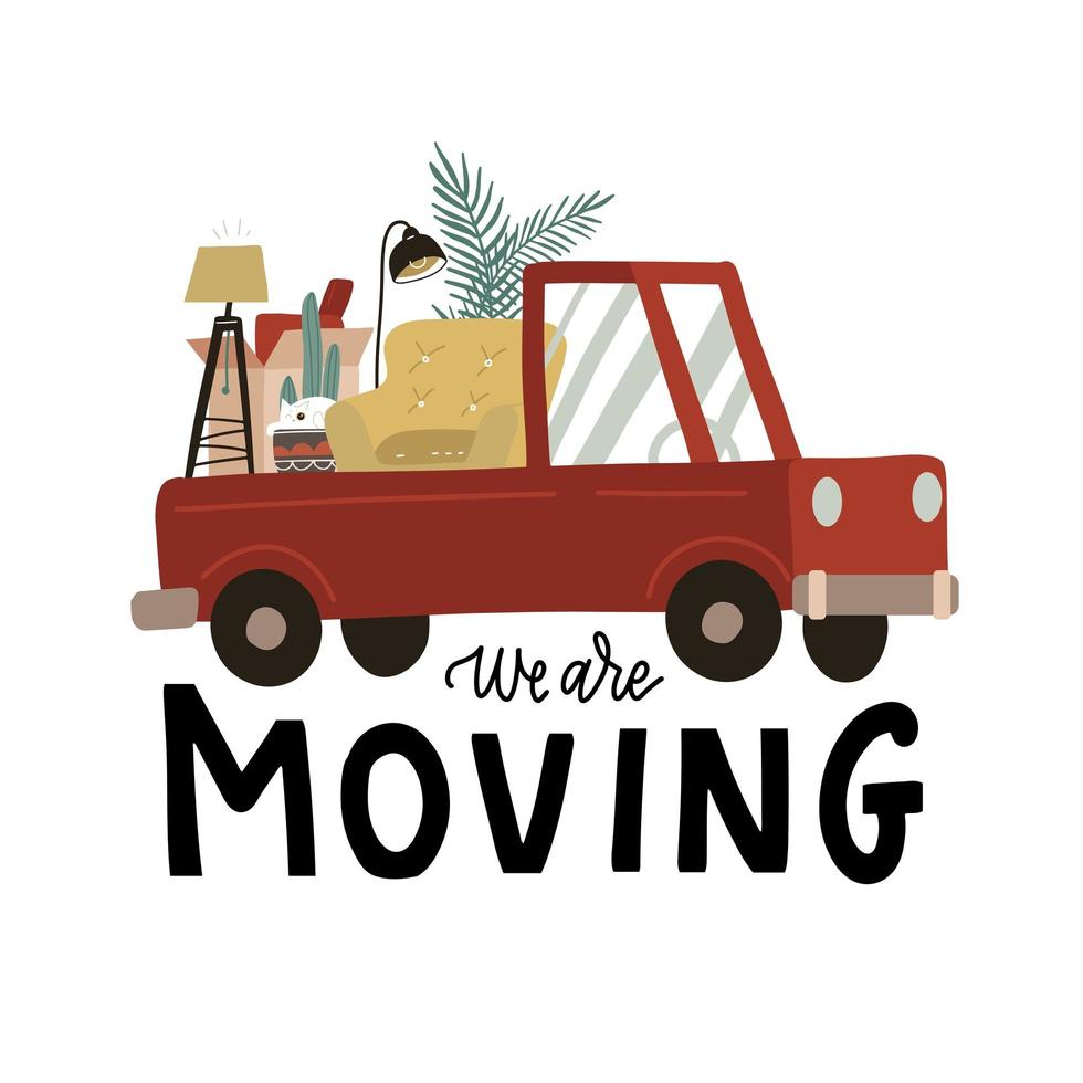 We are moving - lettering banner. Truck full of assorted furniture in cardboard boxes. Concept of moving to new house. Relocation to new home. Van full of household items. Vector illustration