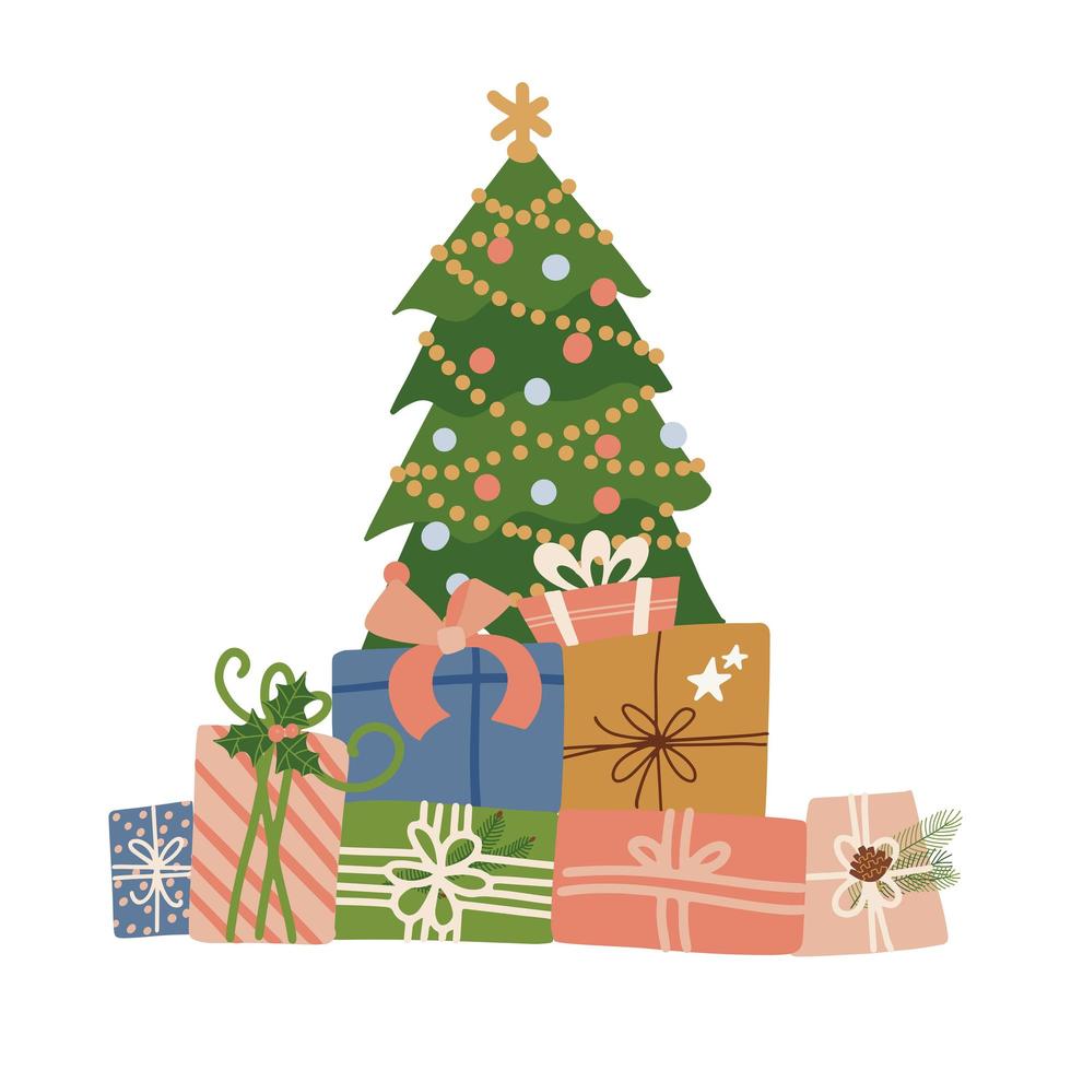 grandes cajas de regalo envueltas en colores se apilan con cinta, lazos debajo del árbol de navidad. un montón de regalos de vacaciones de invierno en pila. plantilla de tarjeta de felicitación. ilustración vectorial plana aislada en blanco vector