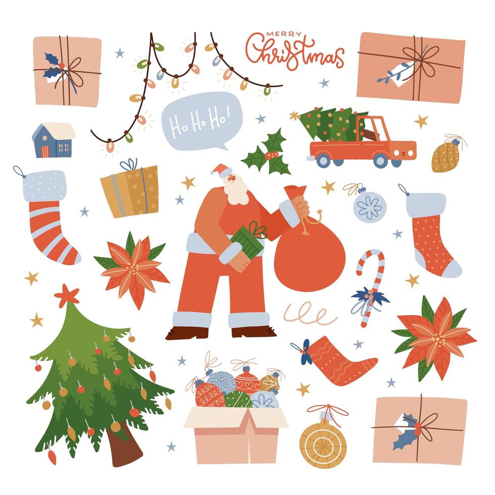 Christmas and New Year set of festive elements and Santa Claus character on a white background. Vector flat hand drawn illustration