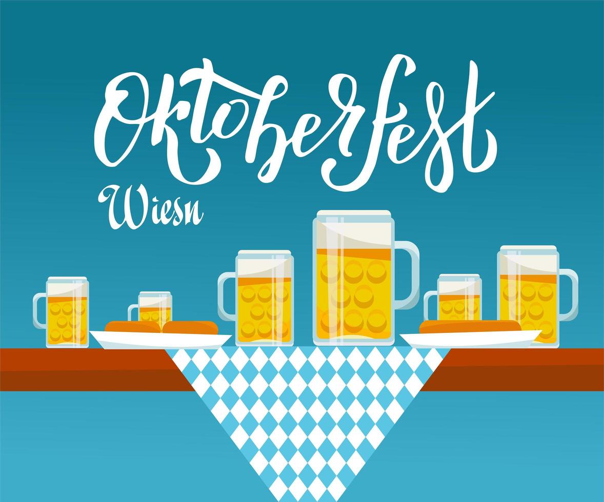Flat vector illustration Side view on Oktoberfest table with checkered cloth, beer mugs and plates with snack - sausages, pretzels. Oktoberfest Wiesn handwritten lettering logotype