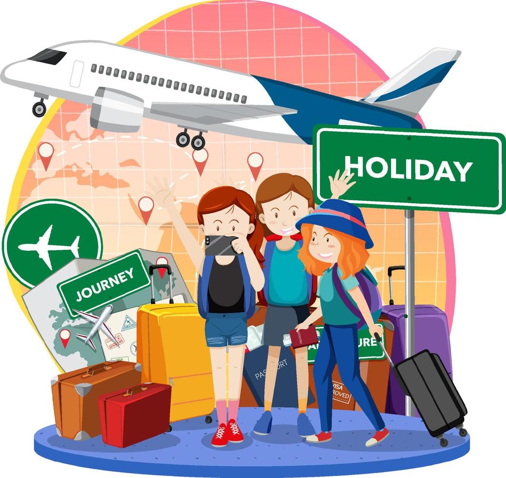 Group of tourists cartoon character with airplane vector