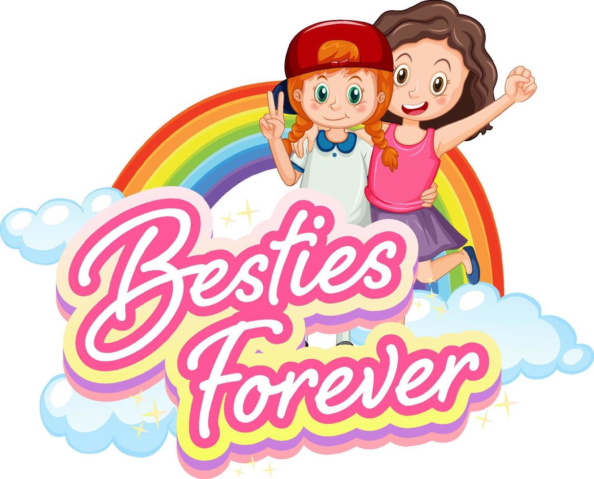 Bestie forever logo with two girls cartoon character vector