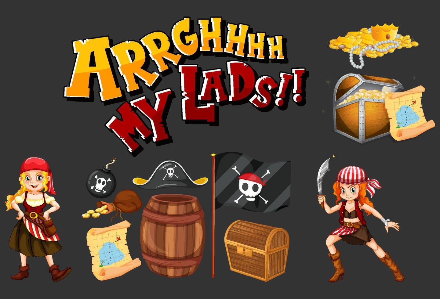 Set of pirate cartoon characters and objects vector