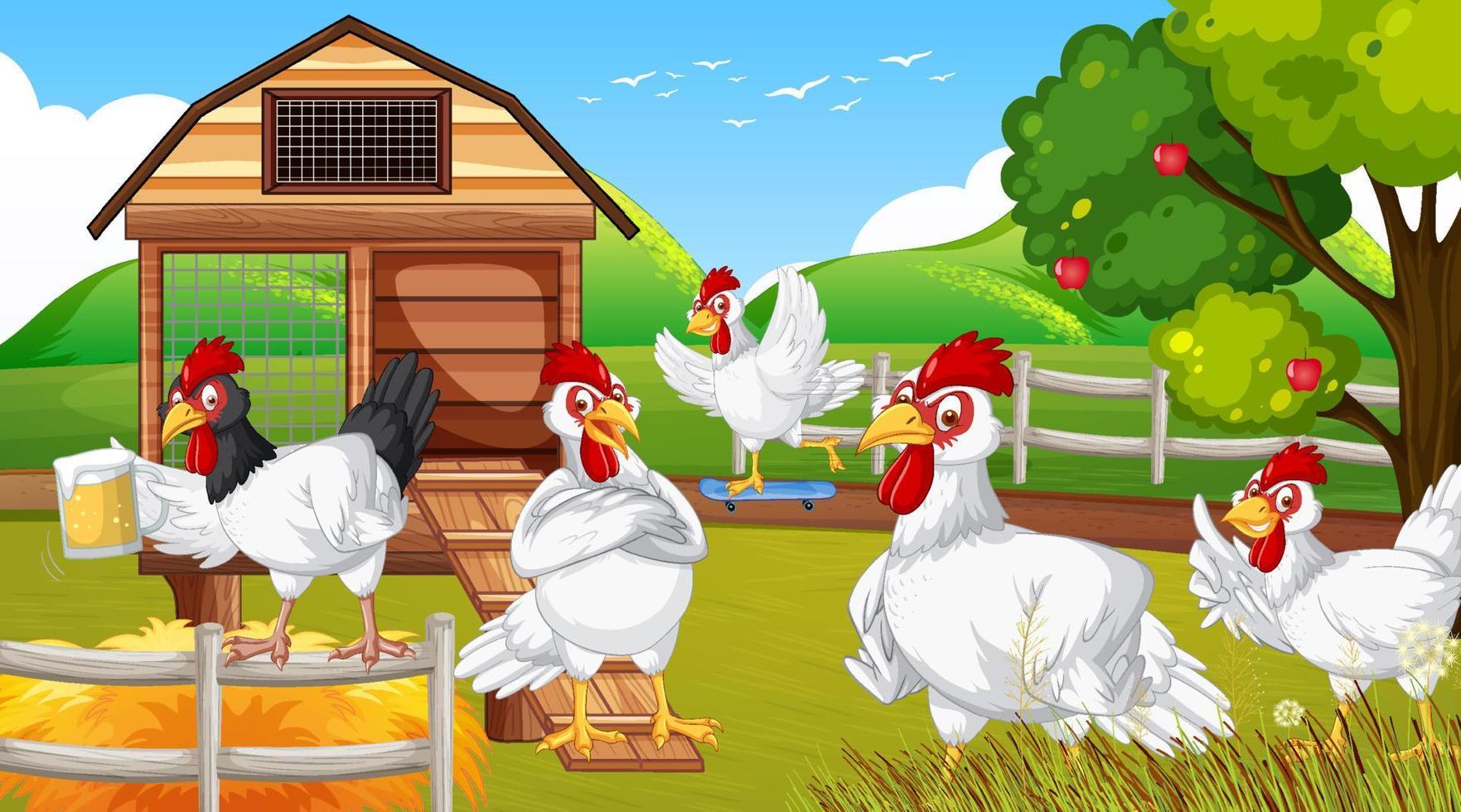 Chickens cartoon characters in nature farm scene vector