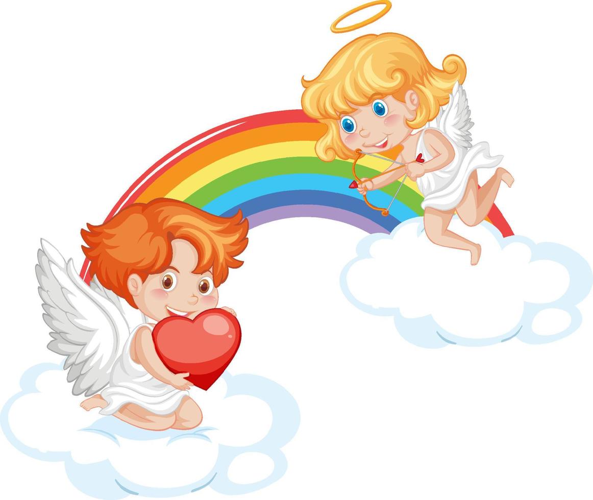 ángel niño y niña personaje de dibujos animados con arco iris vector