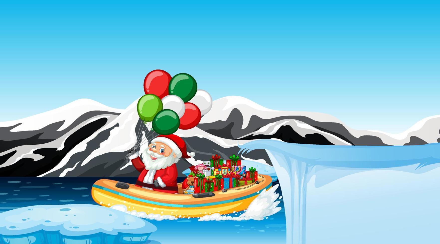 Snowy day with Santa Claus delivering gifts by motorboat vector