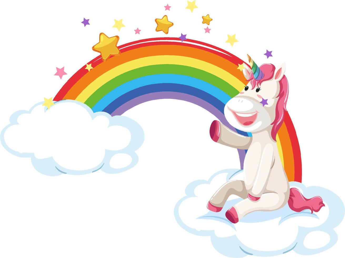 Cartoon unicorn sitting on a cloud with rainbow vector