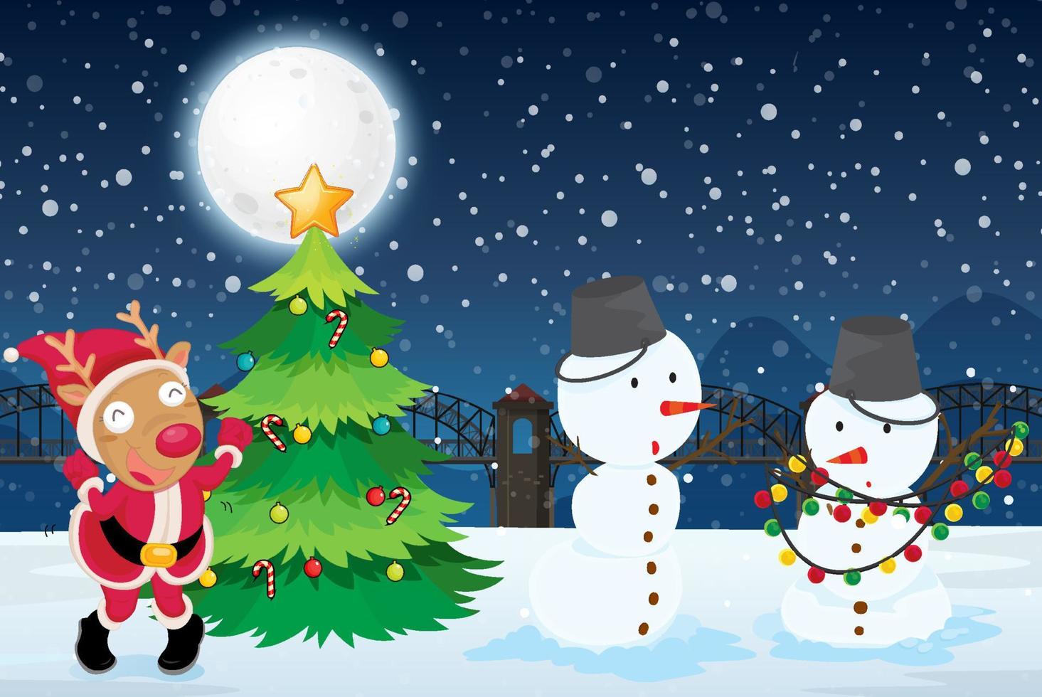 Snowy winter night with Christmas snowman and reindeer vector