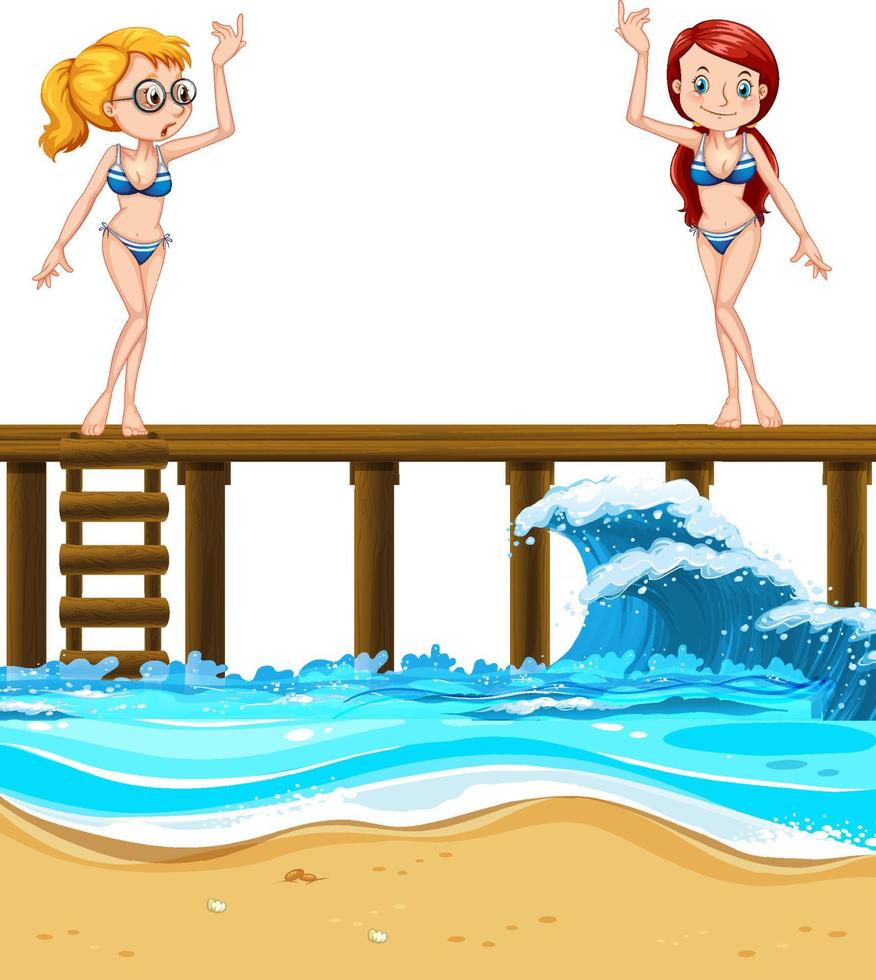 Two girls in swimsuits standing on wooden pier vector