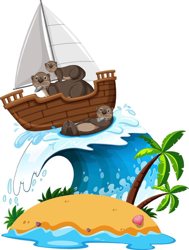 Otters on sailboat with ocean wave vector