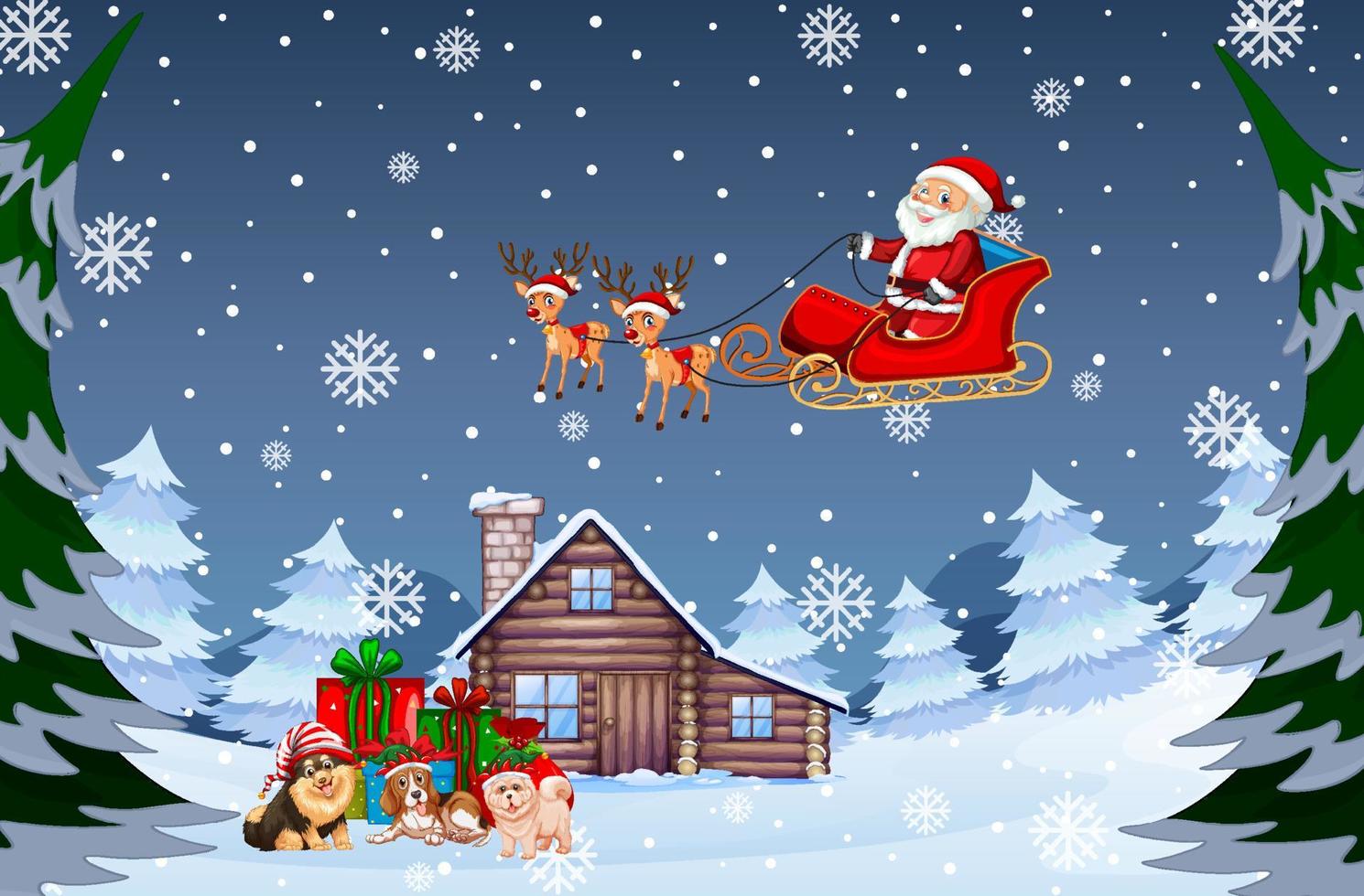 Snowy winter night with Santa Claus on sleigh vector