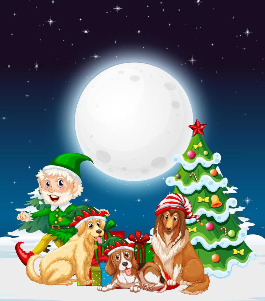 Snowy winter night with Christmas elves and dogs vector