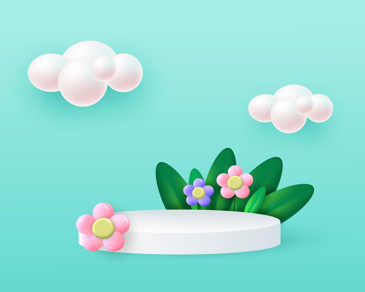 Minimal stage with light cylindrical podium. Spring composition with ceramic flowers, grass and clouds. Stage for product demonstration, showcase. Vector illustration