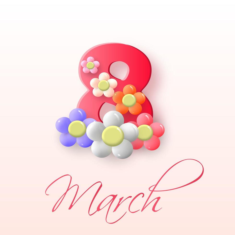 March 8, Women s Day greeting card with red number 8 and ceramic flowers. Vector illustration