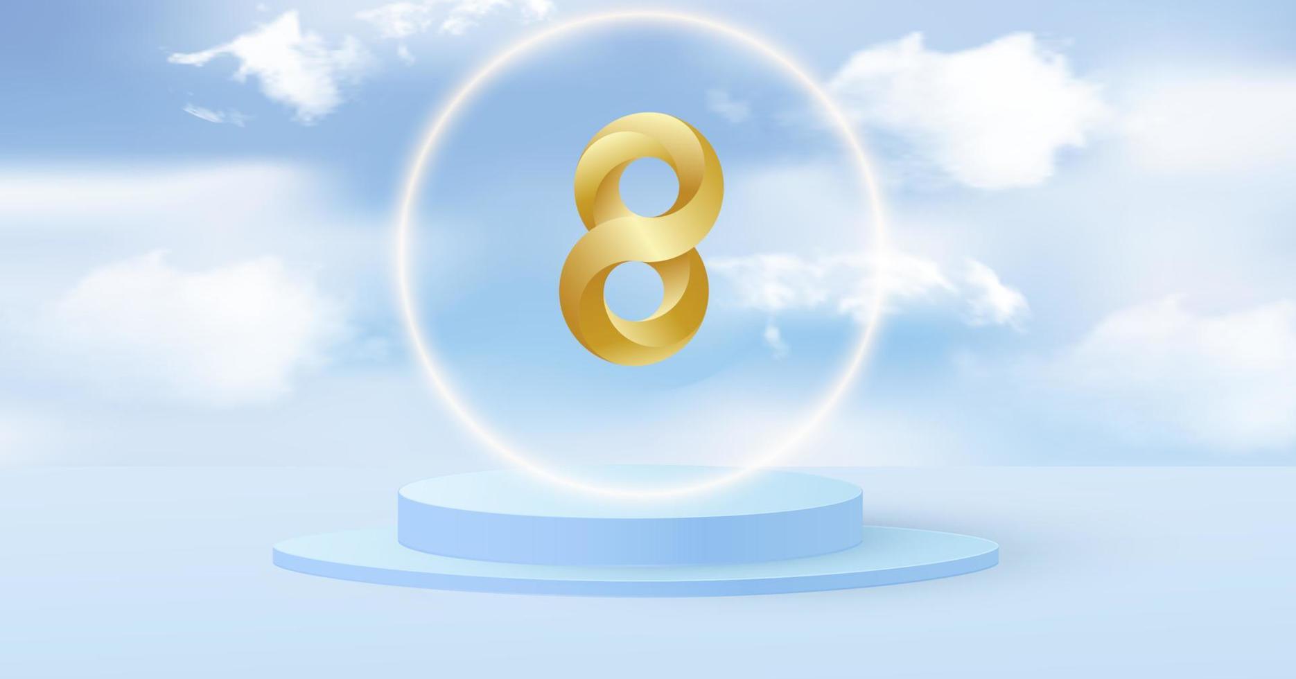 Round podium or plinth on a minimal stage. Mockup studio for product presentation, branding. Volumetric golden number 8 in the sky. Vector illustration