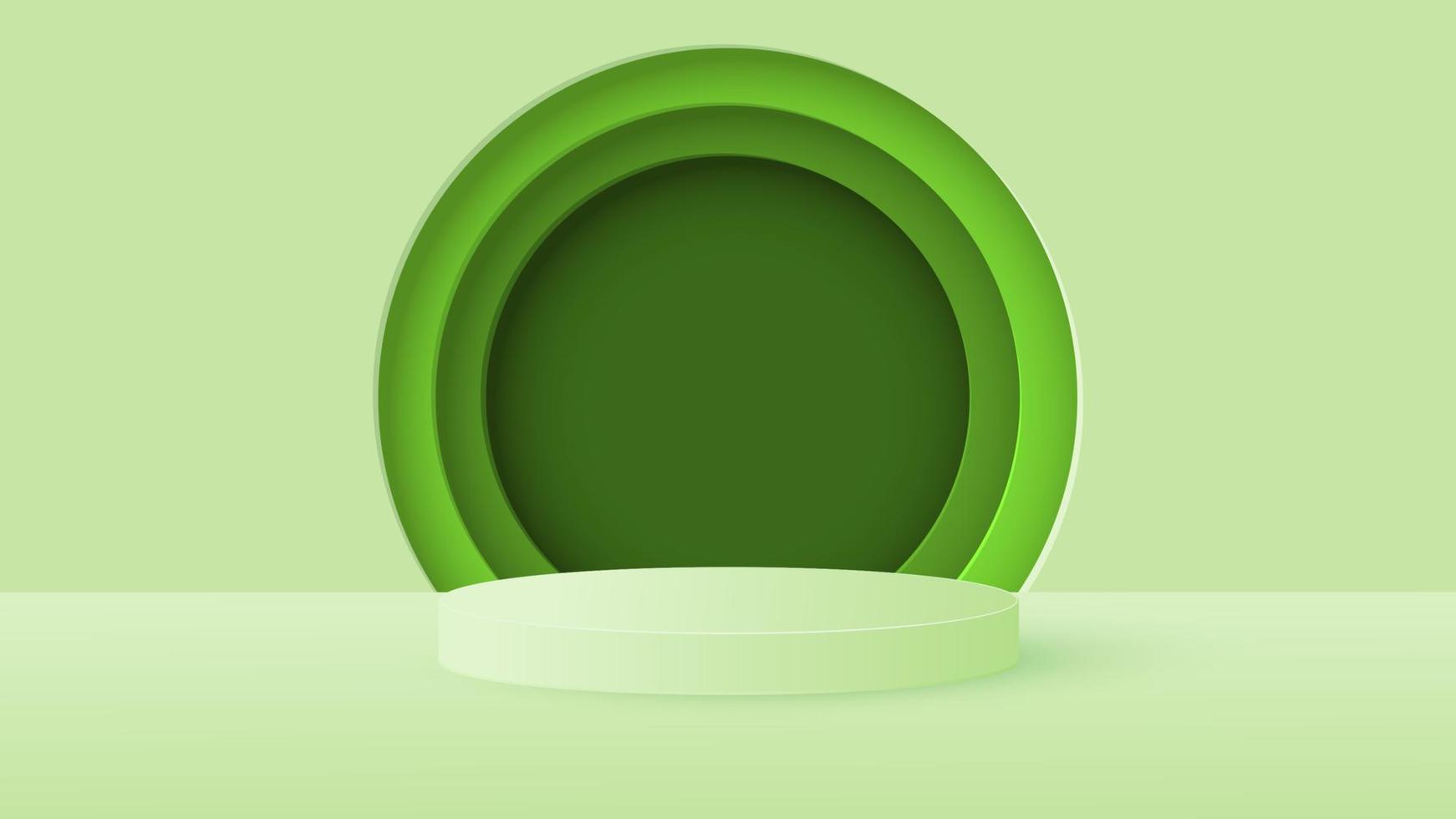 Minimal scene with a green cylindrical podium and a round frame in green tones. Stage for product demonstration, showcase. Vector illustration