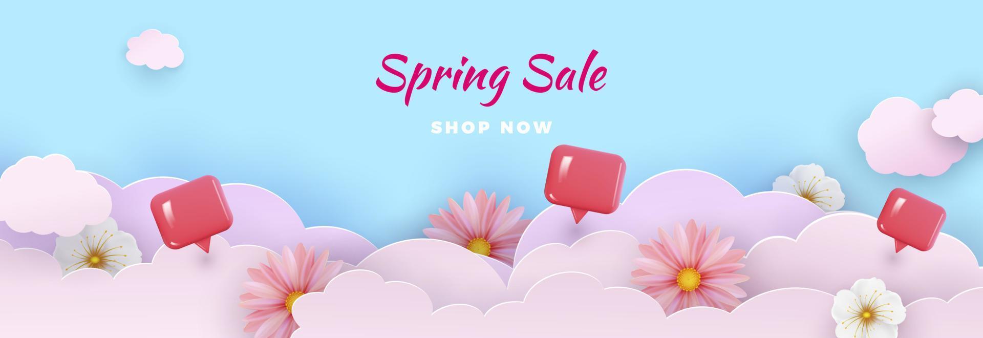Spring sale banner with paper flowers on blue background. Spring flowers in pink clouds. Vector illustration.