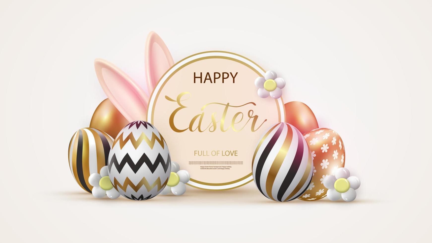 Happy Easter. Festive background design with golden eggs and bunny ears. Round frame for your inscription. Festive web banner. Vector illustration