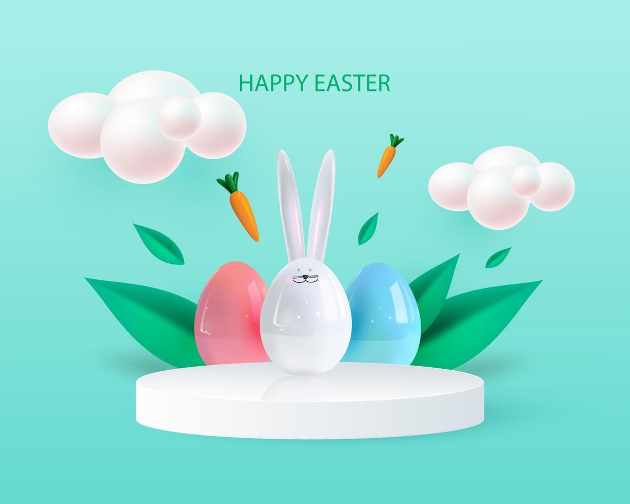Happy Easter holiday background. Festive design with realistic 3D bunny and decorative elements. Spring leaves and eggs. Flying carrot. Banner, web poster, flyer cover, stylish brochure, greeting card vector