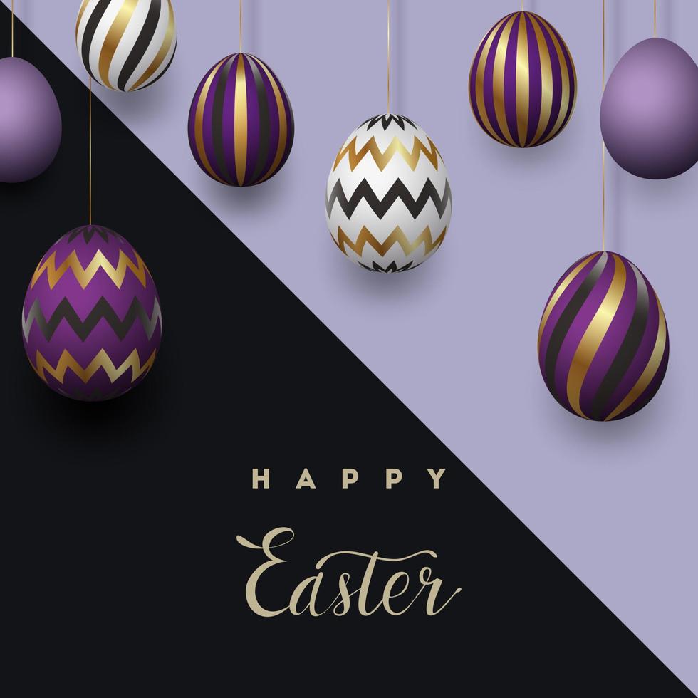 Happy Easter lettering with realistic looking purple gold eggs. Geometric patterns. Resurrection of Christ greeting card, invitation, poster, banner template.Vector illustration vector