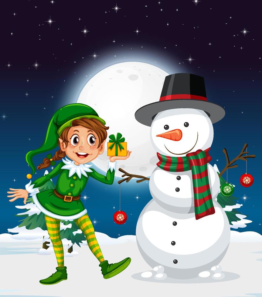 Snowy winter night with Christmas snowman and elf vector