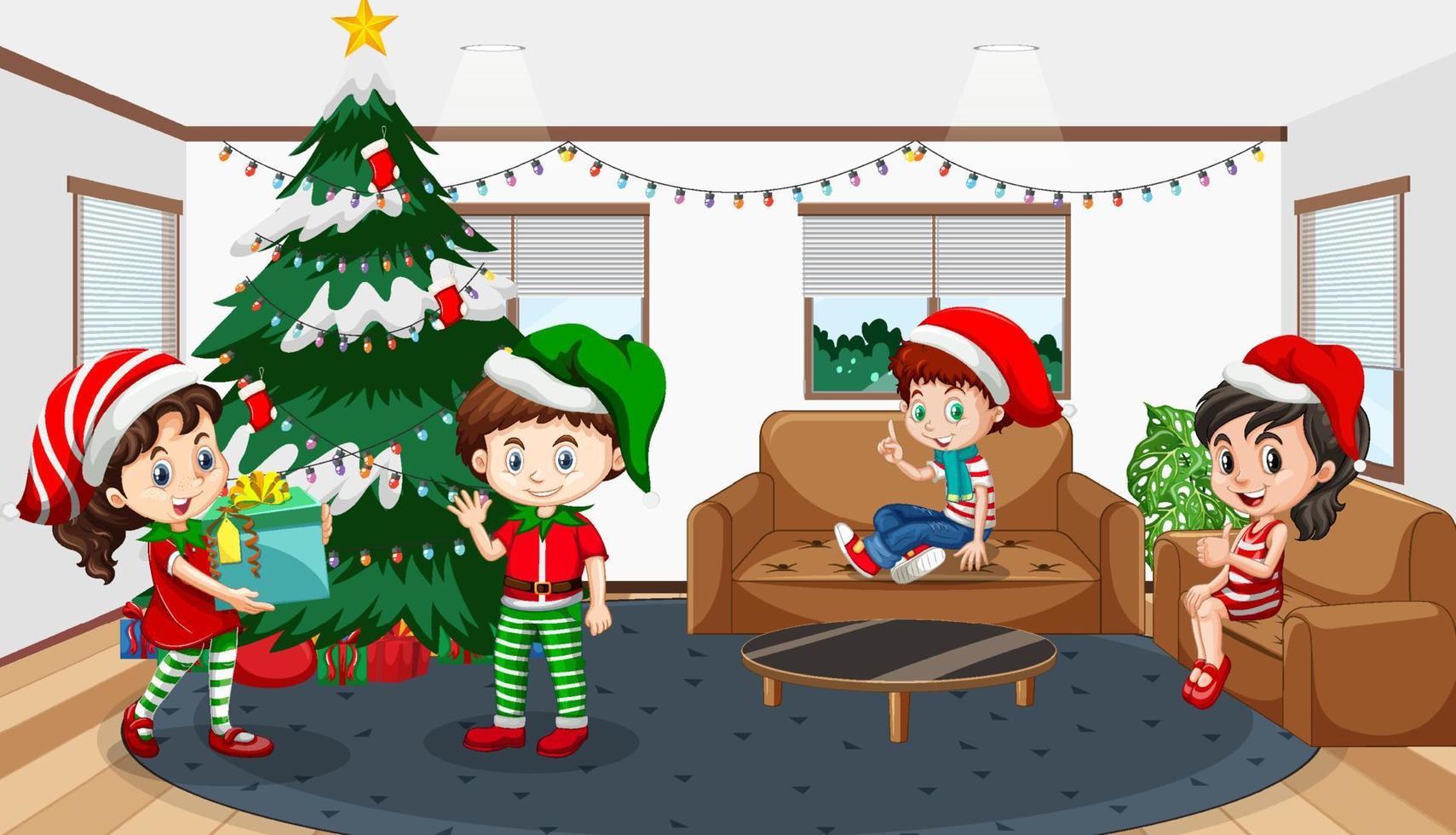 Children celebrating Christmas at home vector