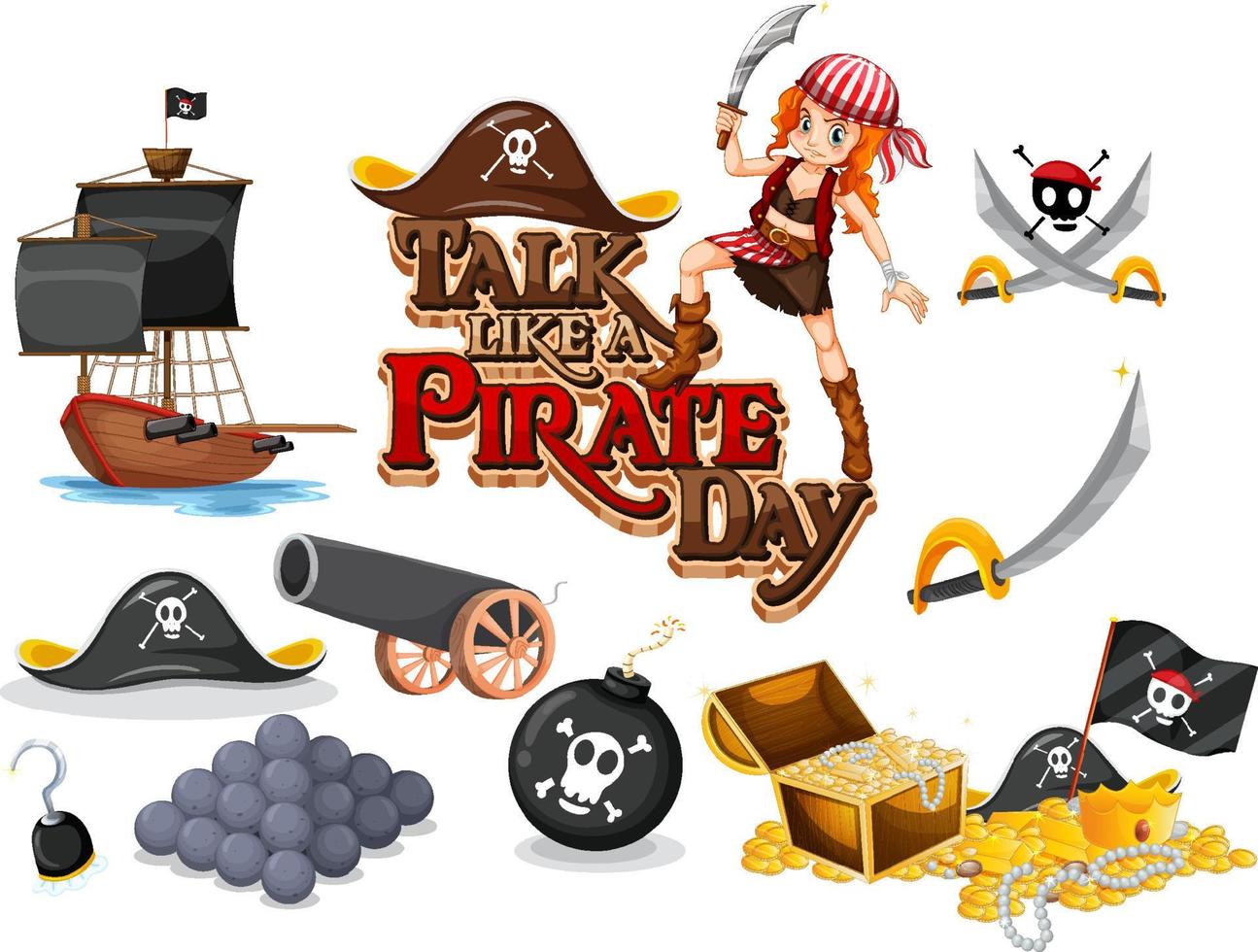 Set of pirate cartoon characters and objects vector