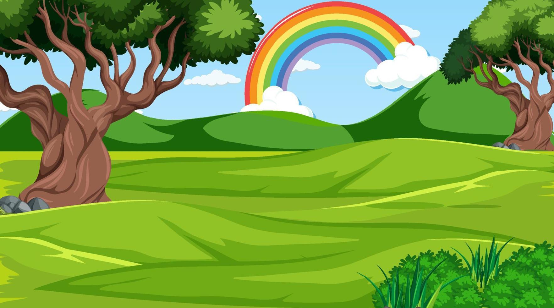 Nature forest scene with rainbow in the sky vector