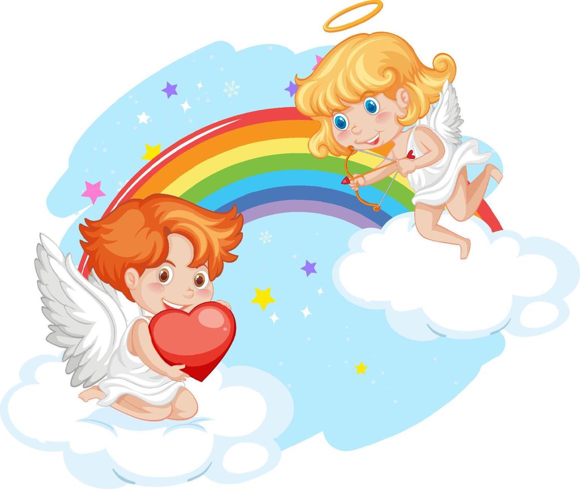 Angel boy and girl with rainbow in the sky vector