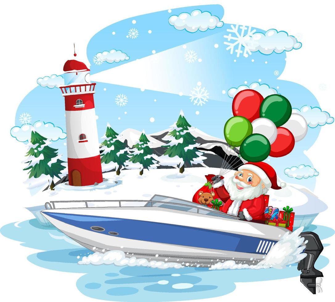 Snowy day with Santa Claus delivering gifts by boat vector
