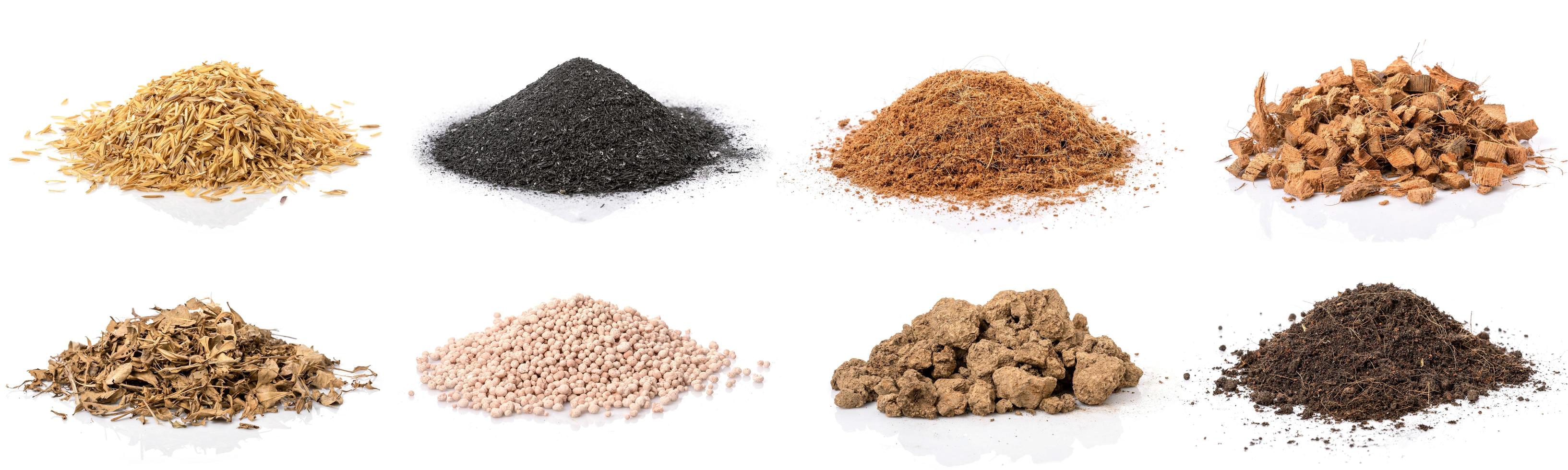 Set of material for growing the plant. Rice chaff, Black chafe, Coconut shells hair and spathe, Dry tree leaf, Chemical fertilizer, Pure Soil and mixed soil isolated on white photo