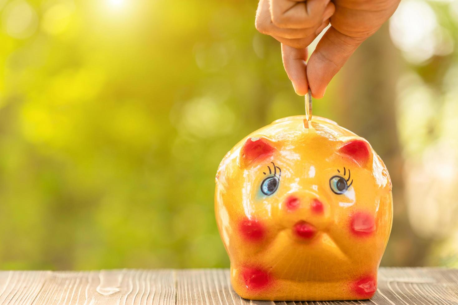 Hand put the coin to piggy bank with green nature blur background. Money savings concept photo