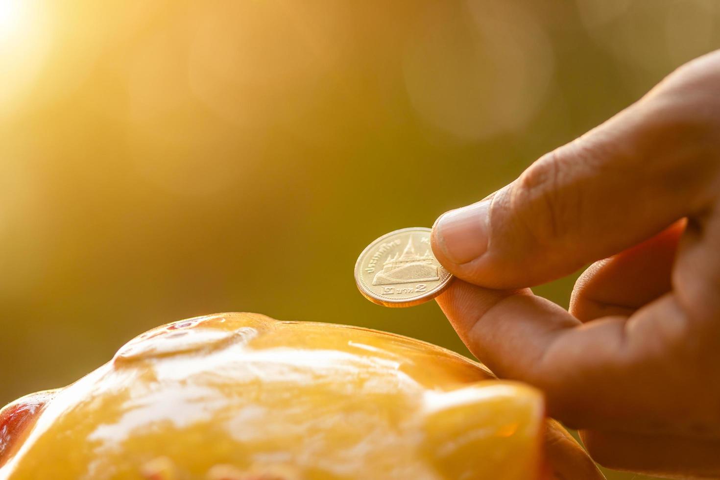 Hand put the coin to piggy bank with green nature blur background. Money savings concept photo