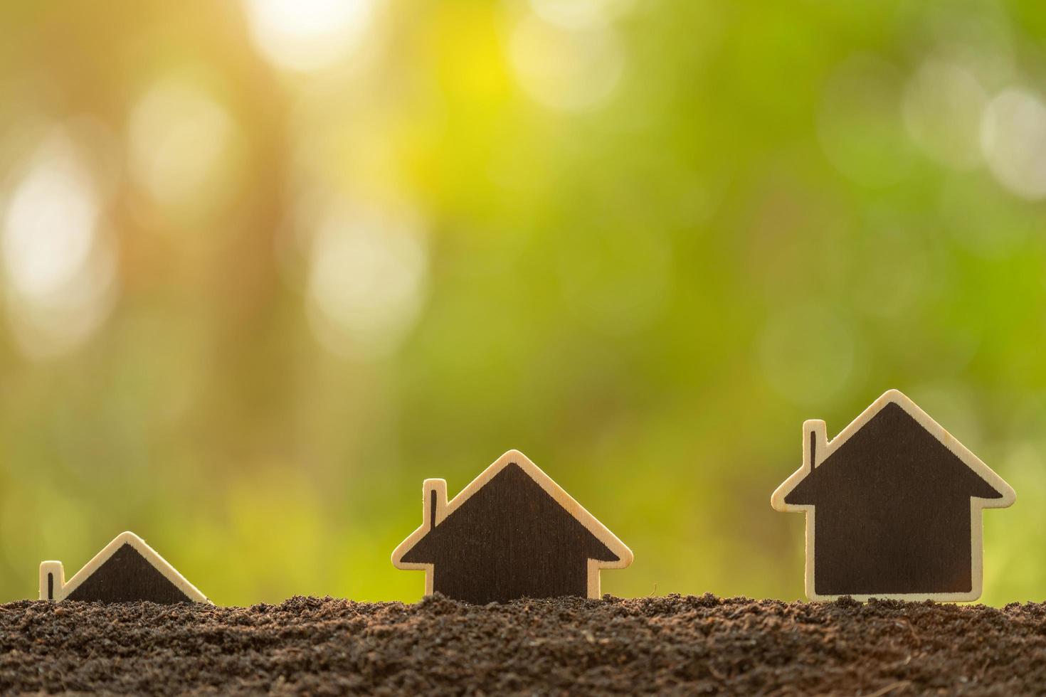 Wooden house growing in soil on green nature blur background. Home business grow up concept photo