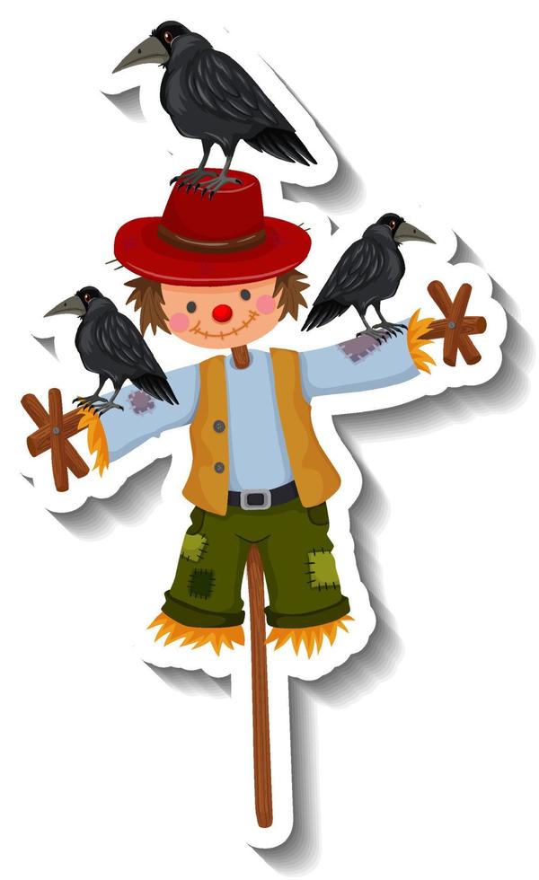 Scarecrow boy on wooden stick with many crows vector